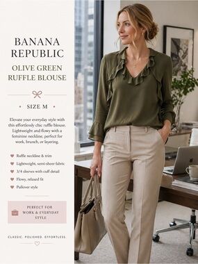 Banana Republic Olive Green Ruffle Blouse | Sheer Lightweight Top Size M
